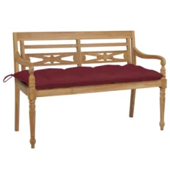 Banc Batavia Avec Coussin Bordeaux 120 Cm Bois De Teck Massif