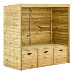 Banc De Jardin Avec Tonnelle Et 3 Tiroirs Pin Massif Clair Bazi