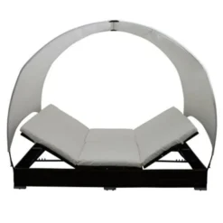 Produits populaires -Jardin Essence Promos Magasin lit de jardin avec toit tissu blanc et resine marron khoa 386593