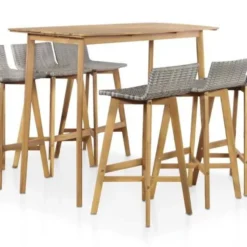 Table De Bar Et 6 Chaises De Jardin Acacia Massif Clair Et Résine Tressée Gris Vidot 150