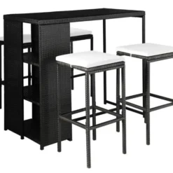 Table De Bar Rectangulaire Et 4 Tabourets De Jardin Résine Tressée Noir Klark