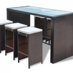 Table De Bar Rectangulaire Et 6 Tabourets De Jardin Résine Tressée Marron Boo